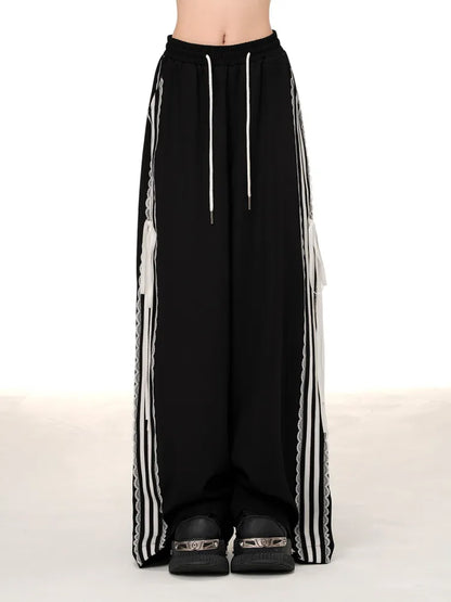 Black Lace Trim Wide-leg Cut Blokette Core Pants