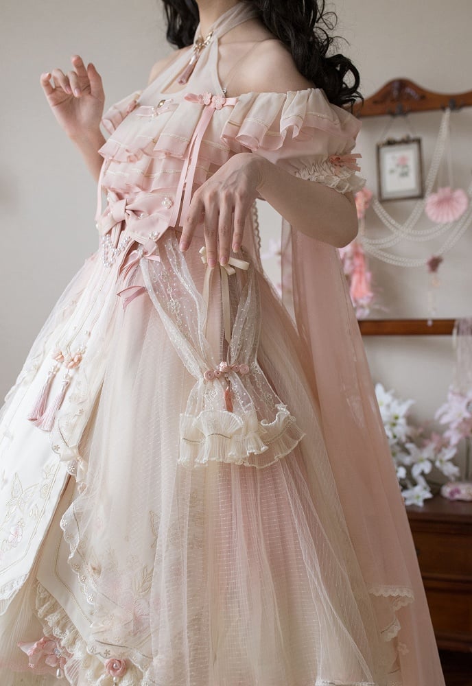 Ombre Pink Peach Blossom Halter Neck Han Lolita Dress