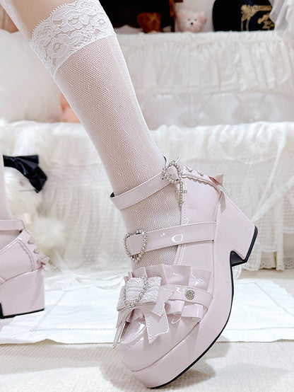 Decorated Jirai Kei Block Heels Lace-up Polished Platform Pink Details High Heart Rhinestone