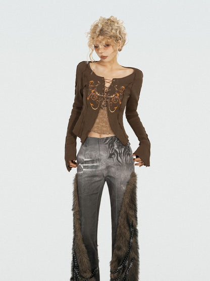 Vintage Top Patch Knit Front Coffee with Crossover Butterfly Off-Shoulder Lace-Up