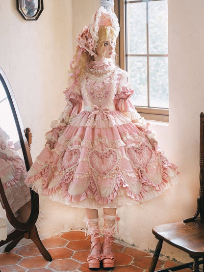 Pink Hanayome Rosette Embroidery Floral and Bead Chain Details Lolita OP Full Set