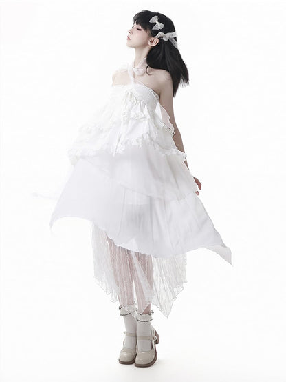 Skirt White Elastic Waist Handkerchief Hem Lace Under