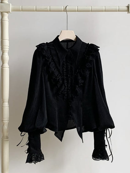 Lolita Pointed Collar Black Sleeves Shirt Gothic Long Foldover