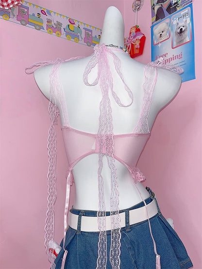 Pink Cross Top Beaded Lace Cami With Y2K Bow Charm Chains