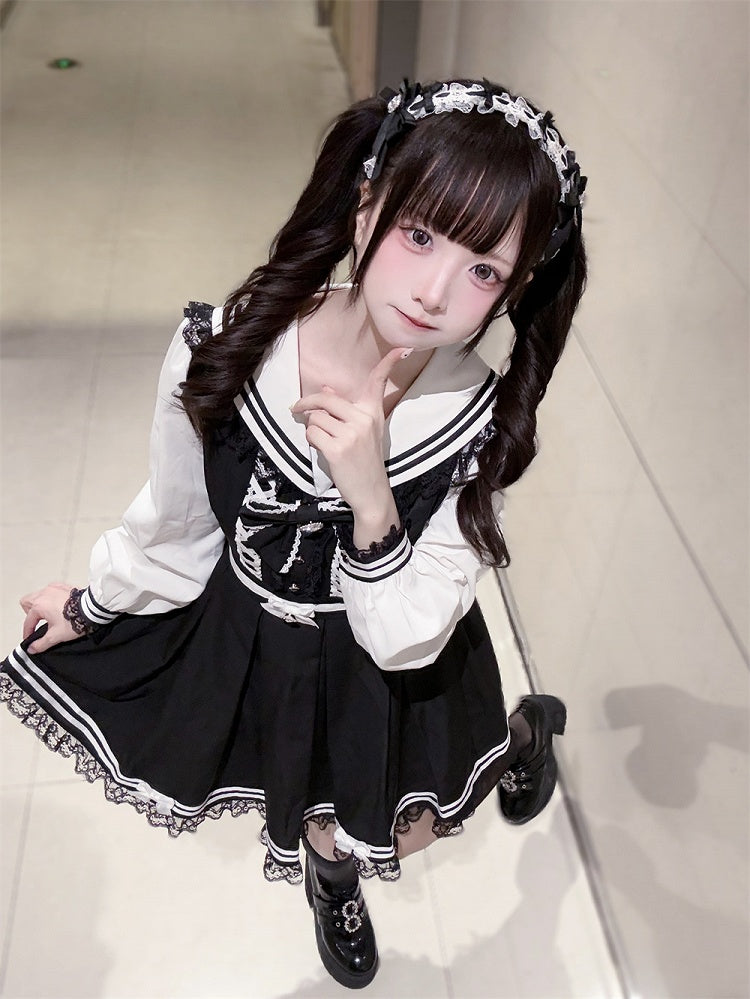 Jirai Bunny-Ear Lace Sailor with Dress White Long and Dress: Trim Kawaii Black Kei Collar Sleeve