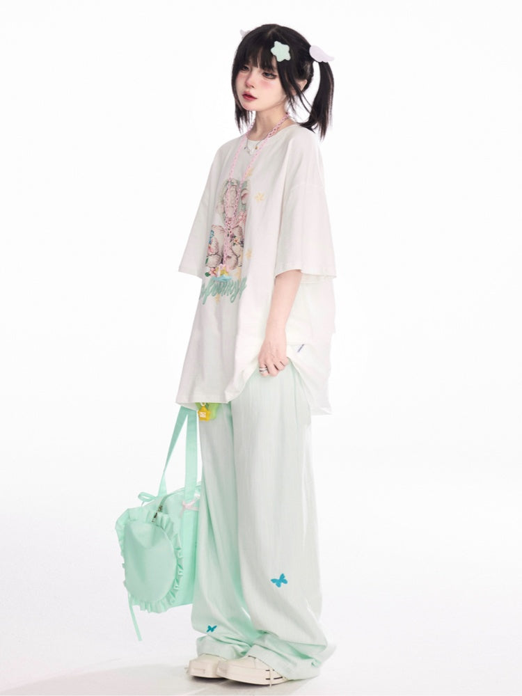 Mint Green Low Waist Butterfly Embroidery Wide-Leg Pants