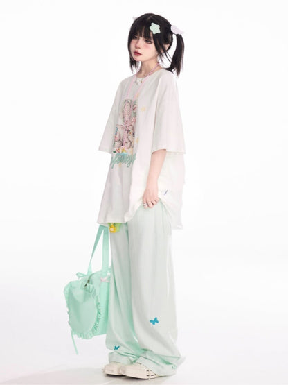 T-Shirt White Round Neck Cute Deer Print Loose