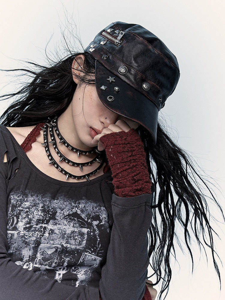 Dark Red Brown Punk Hat with Stud Details