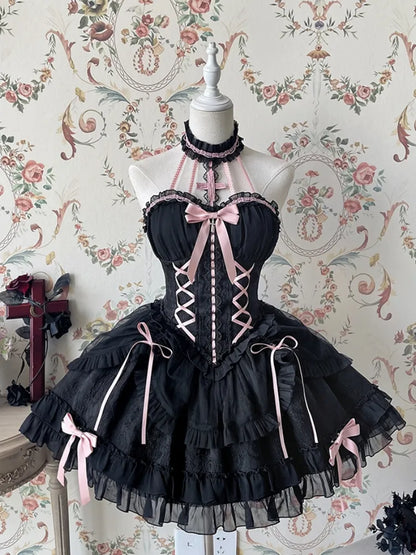 Cross Belle Black and Pink Halter Neck Corset Dress Balletcore Lolita JSK