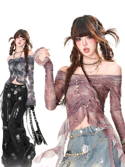 Purple/Gray Off-the-shoulder Neckline Drawstring Glamorous Top