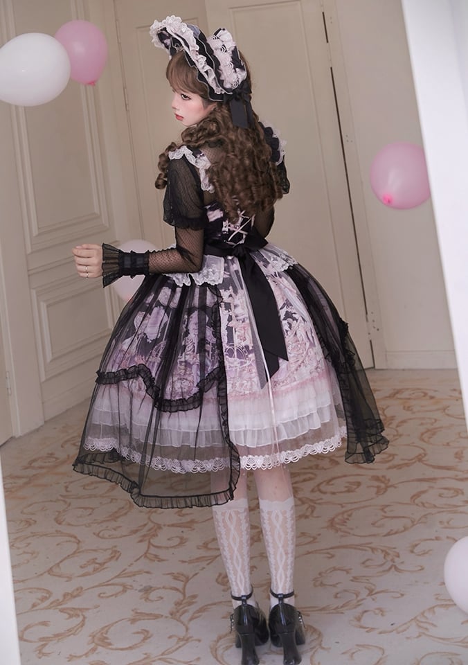 Black and Pink Curtain Tulle Overlay Flying Horse Skirt Lolita Jumper Skirt