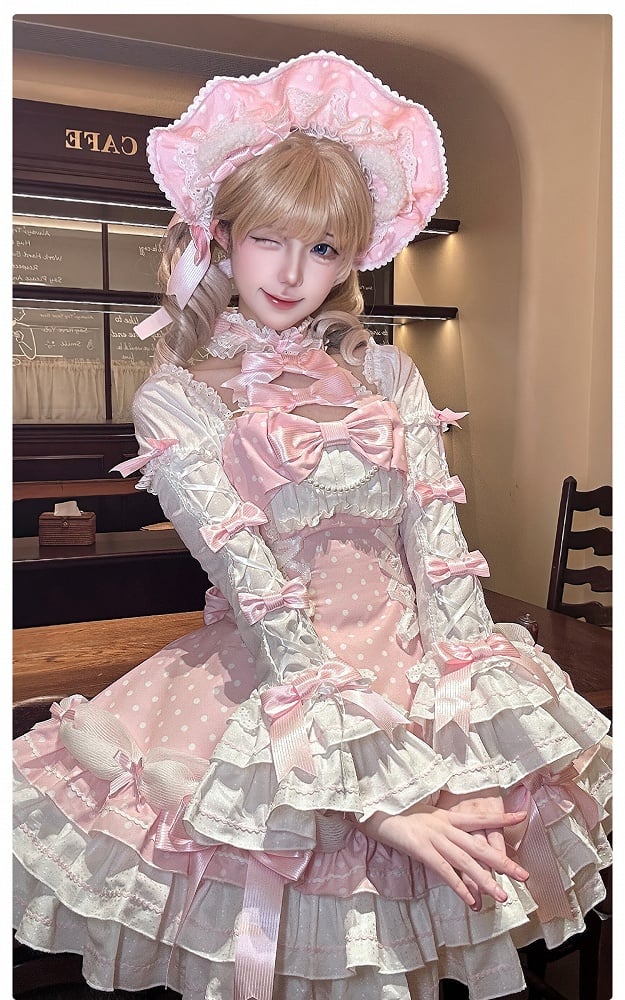 Ärmel Polka und Pink Alt mit Kleid Lolita Akzente Schleife Hals Neckholder Dot Puff Schule