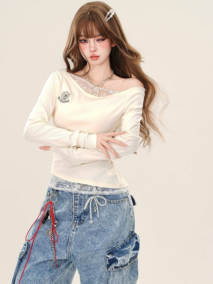 Apricot/Royal Blue Lace Accents Asymmetrical Neckline Slim-fit Top