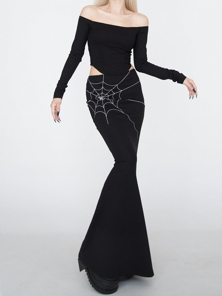 Black Off-the-shoulder Neckline Curved Hem Top