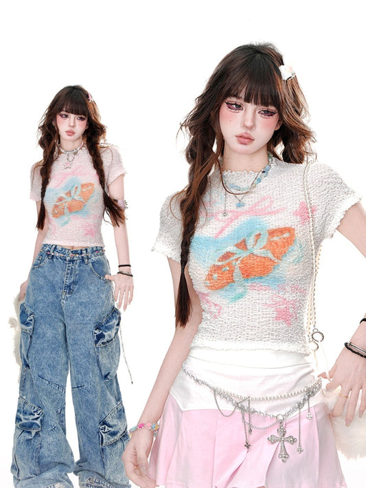 T-Shirt mit Grafik am Hals, Rosa/Weiß, Rundhalsausschnitt, Glamorous Cropped