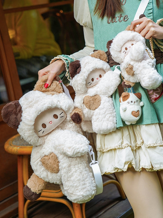 Plush + Options 4 White Backpack/Crossbody Keychain Bag Small/Middle/Large Size Kitty-shaped