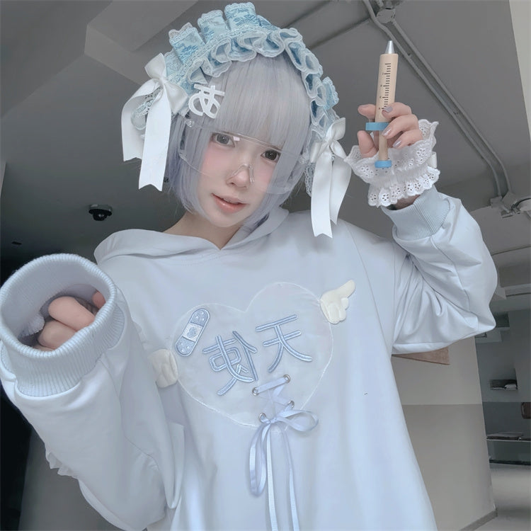 Tenshi Kaiwai Light Blue Characters Lace-up Detail Yami Kawaii Hoodie