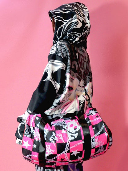 Closure Print Black Zip Letter Hoodie Pattern Bone Big Bow Gyaru Fashion