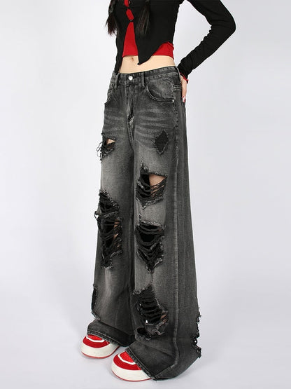 Waist Distressed Wide-Leg Jeans with Faded Wash Black Low