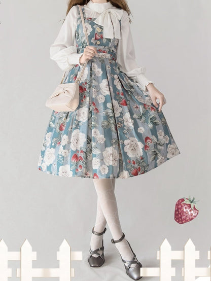 Dusty Blue Strawberry and Rose Square Neckline Elegant Classic Lolita JSK Dress
