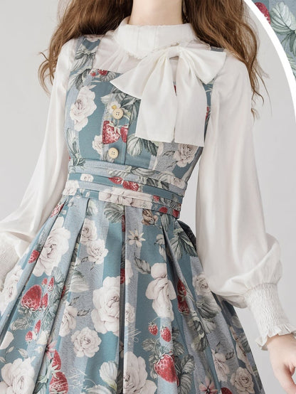 Dusty Blue Strawberry and Rose Square Neckline Elegant Classic Lolita JSK Dress
