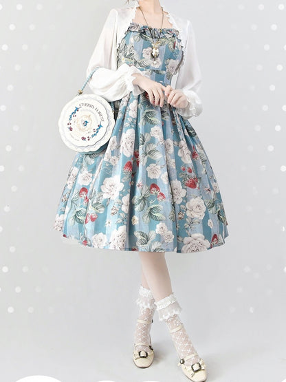 Dusty Blue Strawberry and Rose Jumper Skirt Dress