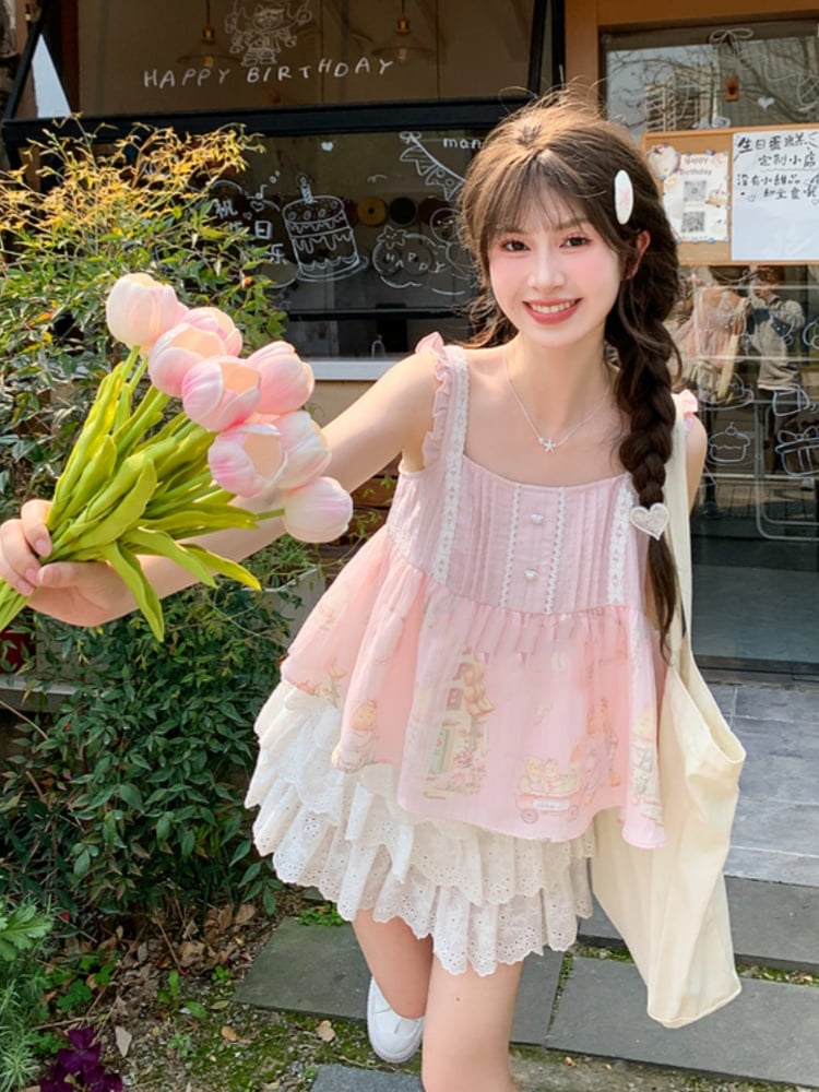 Flutter Sleeves Cartoon Bear Print Sleeveless Top Sweet Pink