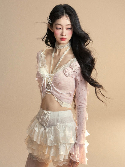 Cropped Top Floral Pink Bell Sleeves Butterfly Glamorous and Set With Top Embellished Lace