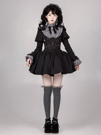 Gray Ruffled High Neck Collar + Bowtie + Detachable Pleated Cuffs