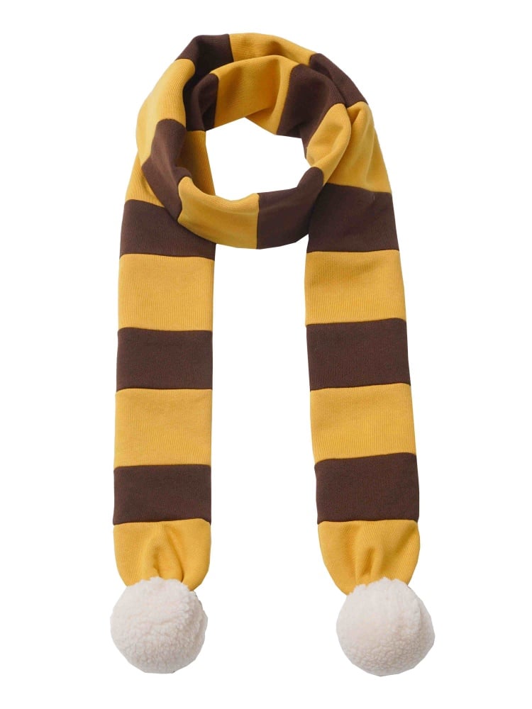 Yellow and Coffee Striped Pompons Scarf