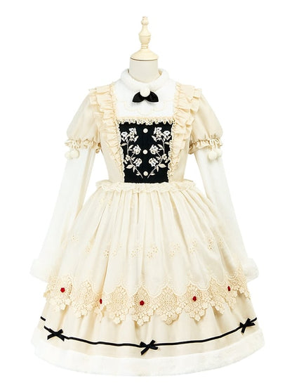 and Neckline Beige Long Sleeves Cuffs Lolita Floral Plush Dress Bodice Embroidery