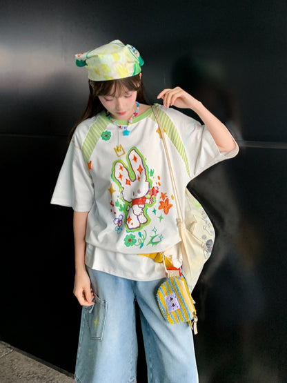 T-Shirt Weiß Rundhals Lose Cartoon Bunny Print