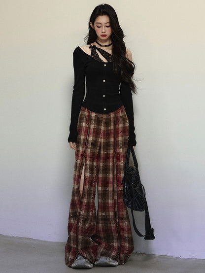 Red Zipper Straight Leg Cut Plaid Pants