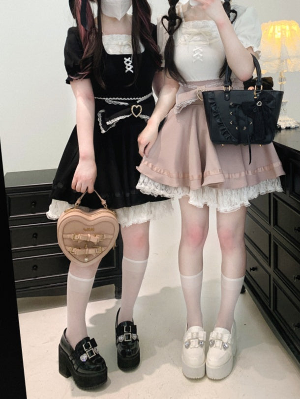 Jirai Kei Lace Bow Big Back Skirt Black/Light Trim Beaded Heart Decorated Blue Lace-up