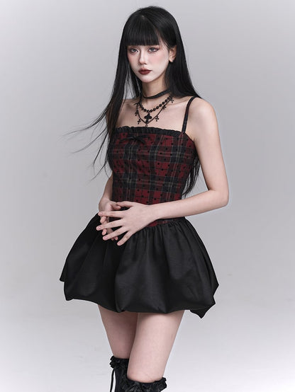 Red Plaid Basque Waist Mini Cami Dress Bubble Skirt