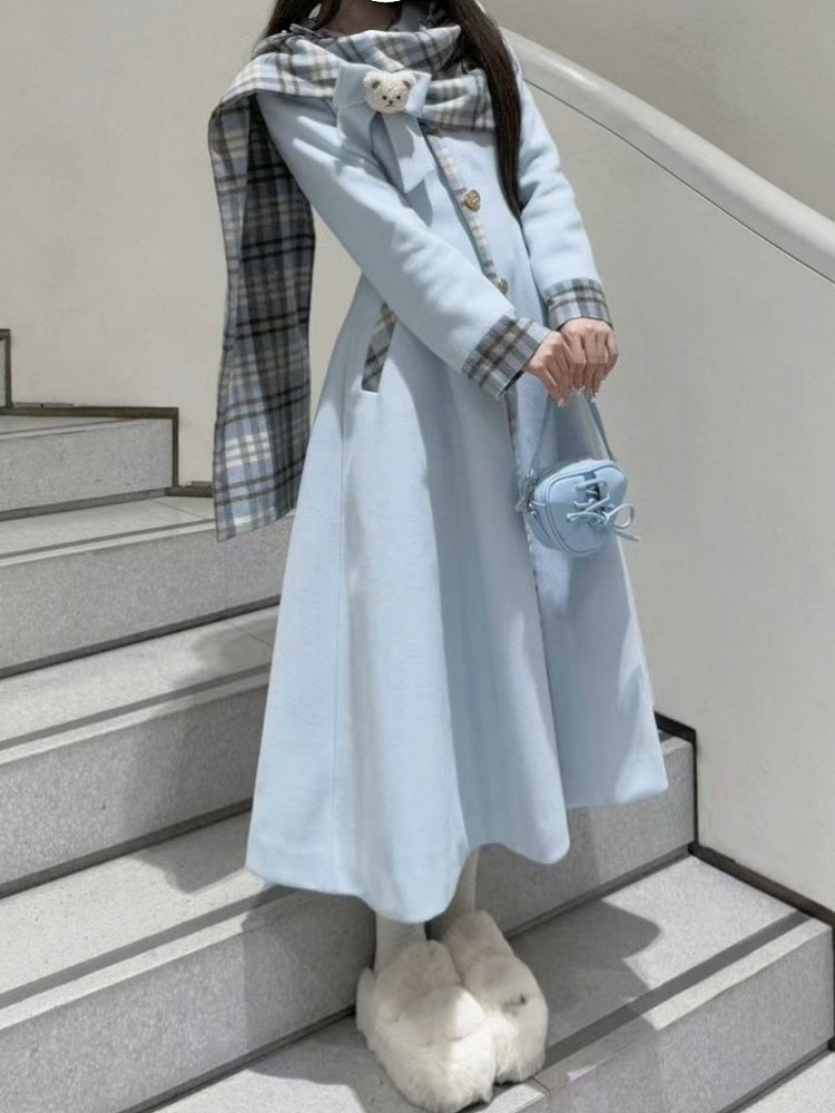 Blue Sweet Vintage Preppy Style Bow Accent Long Coat with Plaid Scarf Details