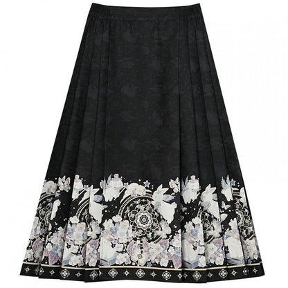 Jupe midi plissée style cheongsam motif lapin lune noire