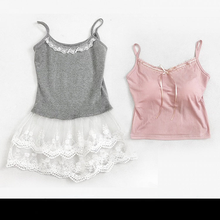 Grey Double-layered Lace Cami Top+Pink Padded Cups Cami Top Set