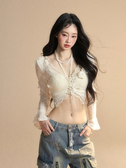 and Floral Embellished Lace Apricot Bell Sleeves Butterfly Set Cropped Top Glamorous Top With