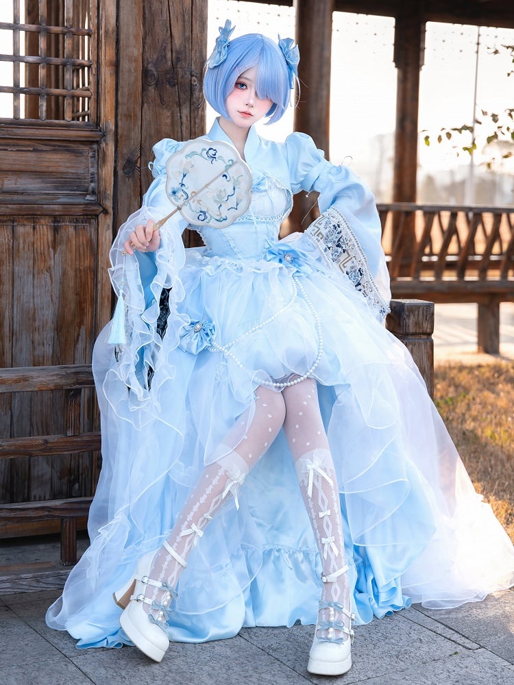 Full Lolita Top Skirt Plus Available Sizes High-low Blue Set Waist Princess Boned +