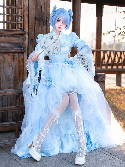 Skirt Lolita Available Set Top High-low Waist + Boned Sizes Blue Plus Princess Full