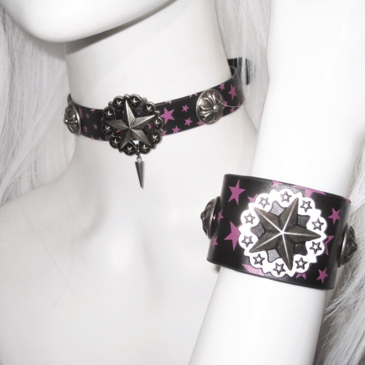 Black Pink Star Pattern Punk Bracelet