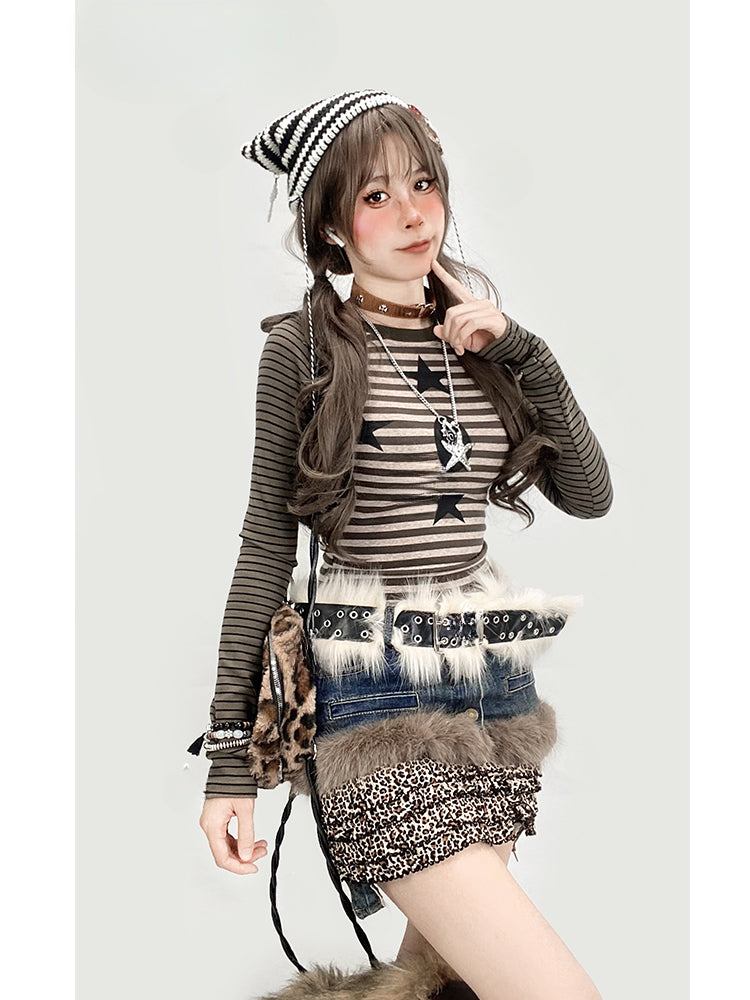 Leopard Hem Patchwork Denim High Waist Skirt