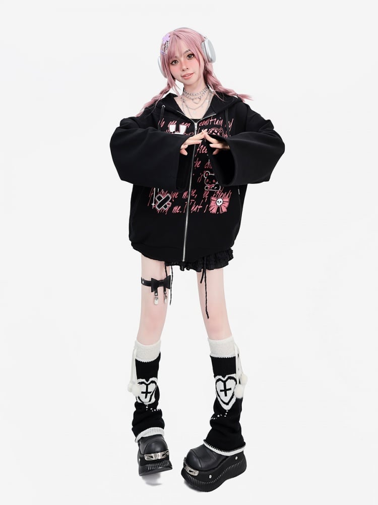 Y2K Graffiti Black Bell Sleeves Loose Zip Hoodie