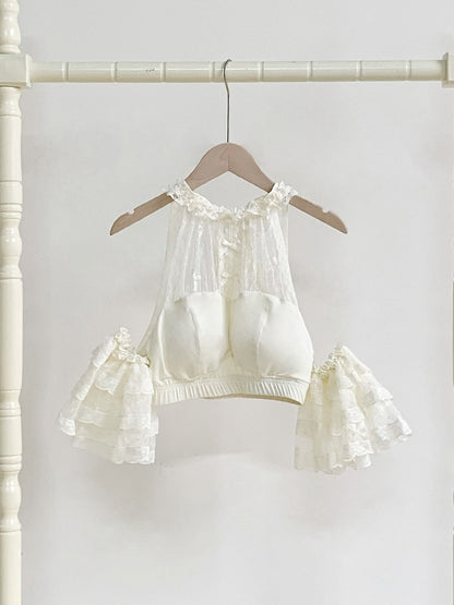 Detachable Neck Beige Flutter Sleeves with Lace Cropped Halter Top