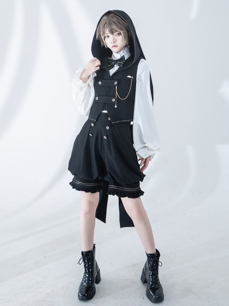 Black Oversized Bunny Ears Hooded Ouji Waistcoat