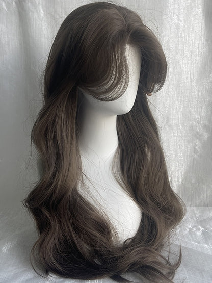 Brown Waist Length Wavy Wig With Curtain Bangs