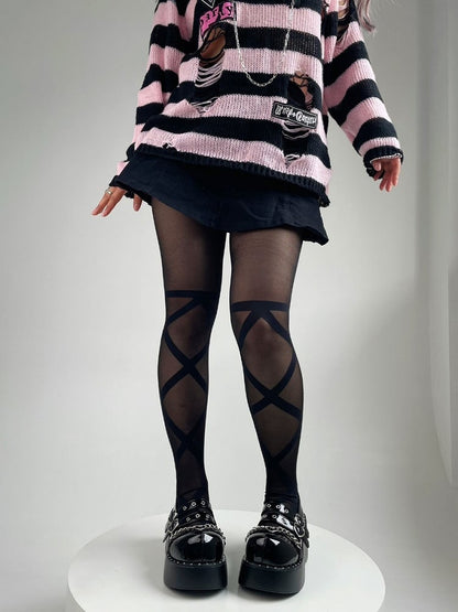 Black Semi-sheer Crisscorss Banded Print Lolita Tights