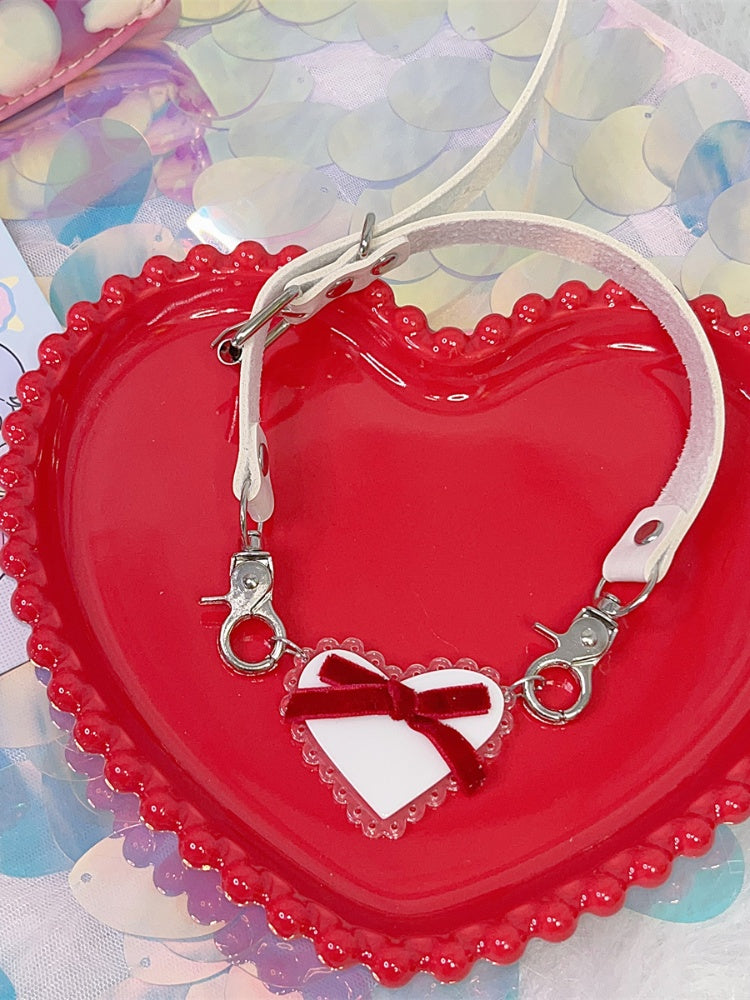 White Heart-shaped Pendant Red Bow Buckle Choker