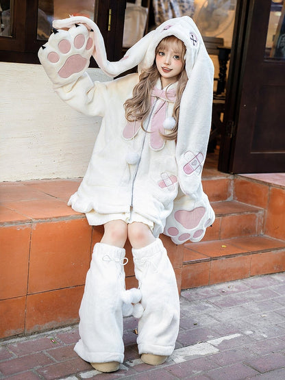 White and Pink Lolita Oversized Bunny Ears Hooded Plush Coat Leg Warmers